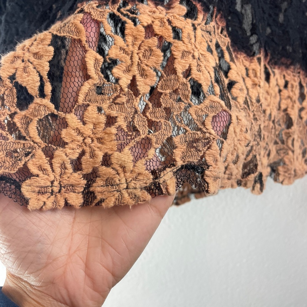 T-Party Womens Black Tan Ombre Floral Lace Long Sleeve Top LC36196 Sheer Size L - Picture 2 of 7